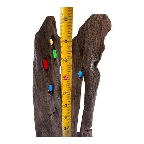 Unique Driftwood Sculpture With Colorful Glass Accents On Base Signed MCM Retro - Picture 4 of 11